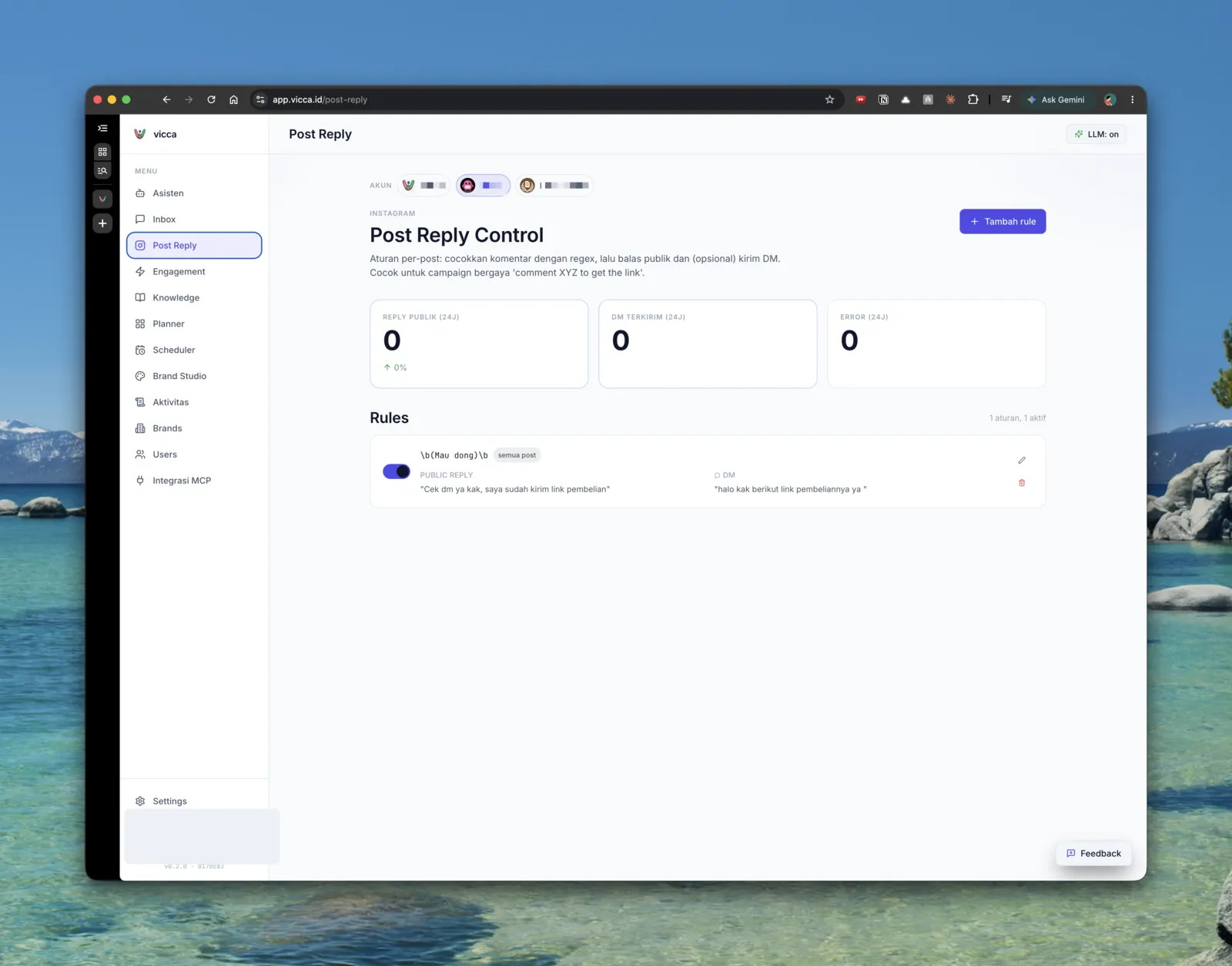 Dashboard Vicca mengatur auto-reply komentar & DM Instagram